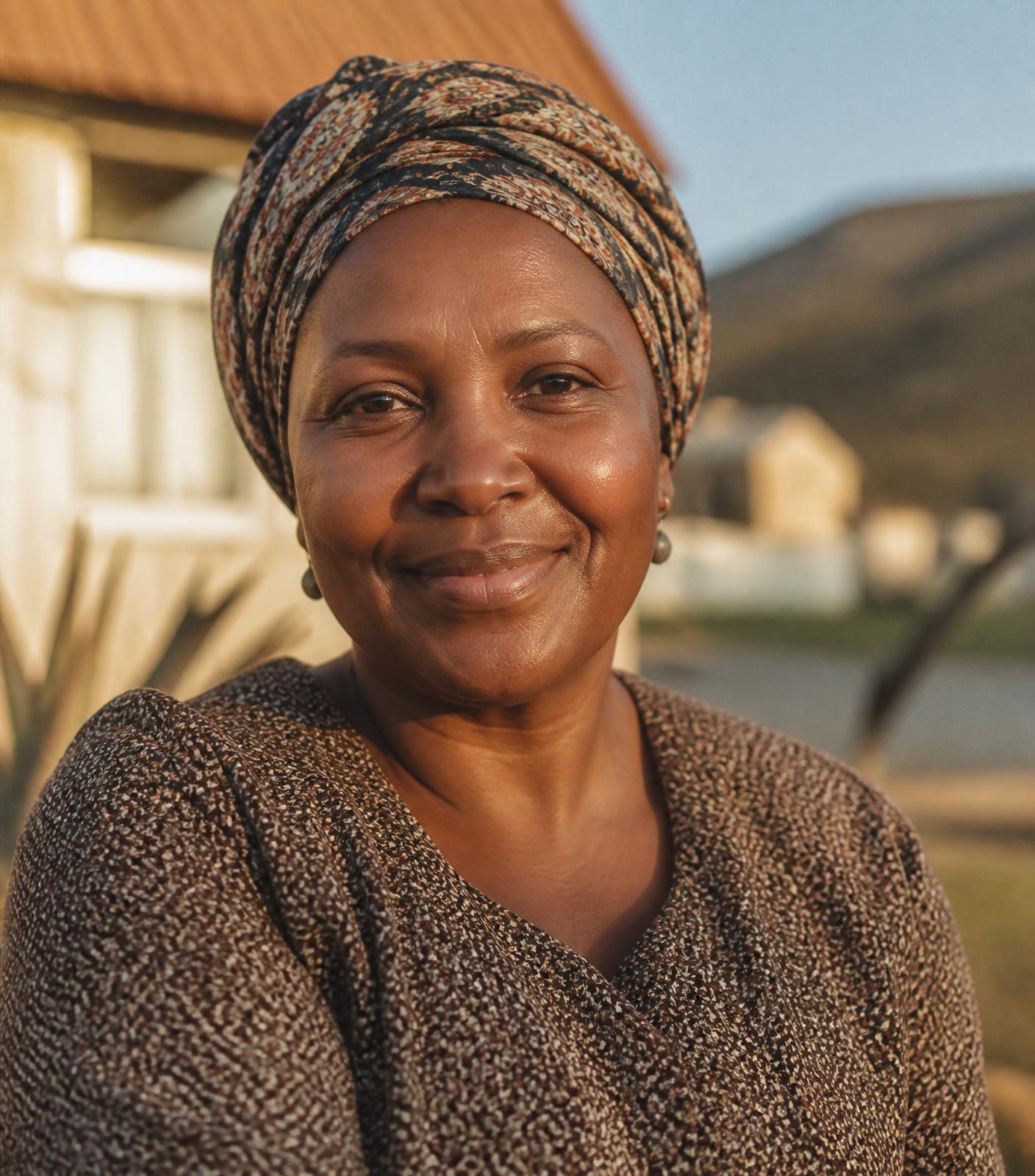 A South African woman smiling in warm afternoon light